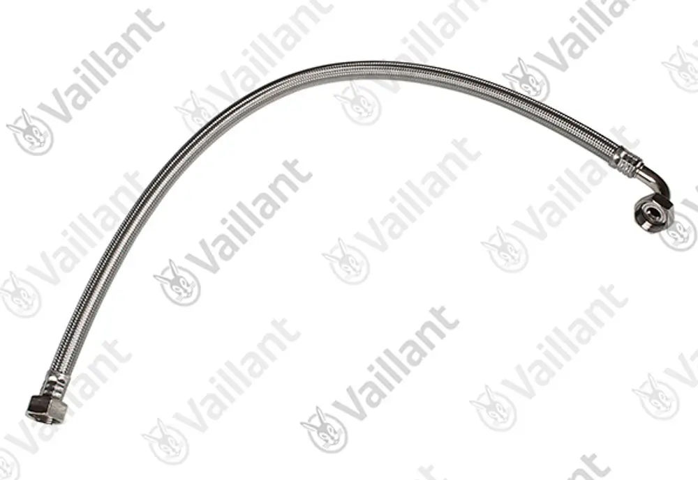 Flexibler Schlauch von Vaillant, gebogen, mit Anschlussstücken an beiden Enden. Metalloberfläche, geeignet für Heizungs- oder Sanitärinstallationen.